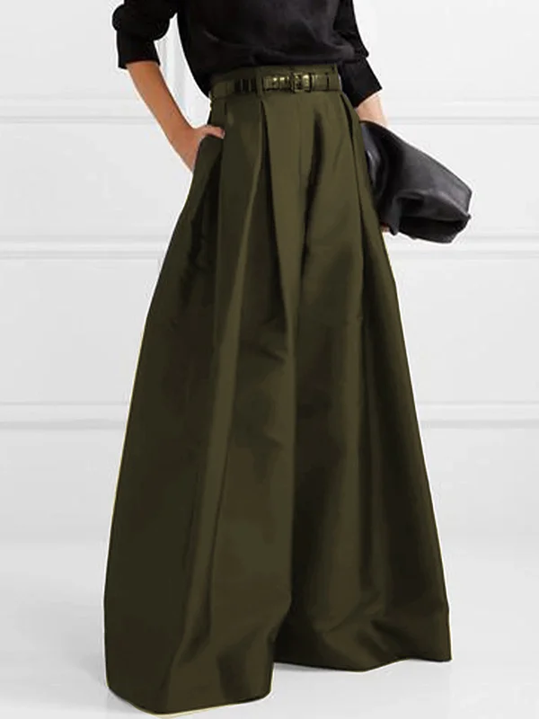 Jupe longue évasée kaki avec ceinture, tenue élégante et moderne, mode féminine chic, style automne-hiver, vêtement tendance.