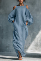 Robe midi épaules dénudées, manches longues et ourlet asymétrique