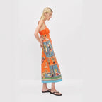 Robe longue lin imprimé, taille souple et volants