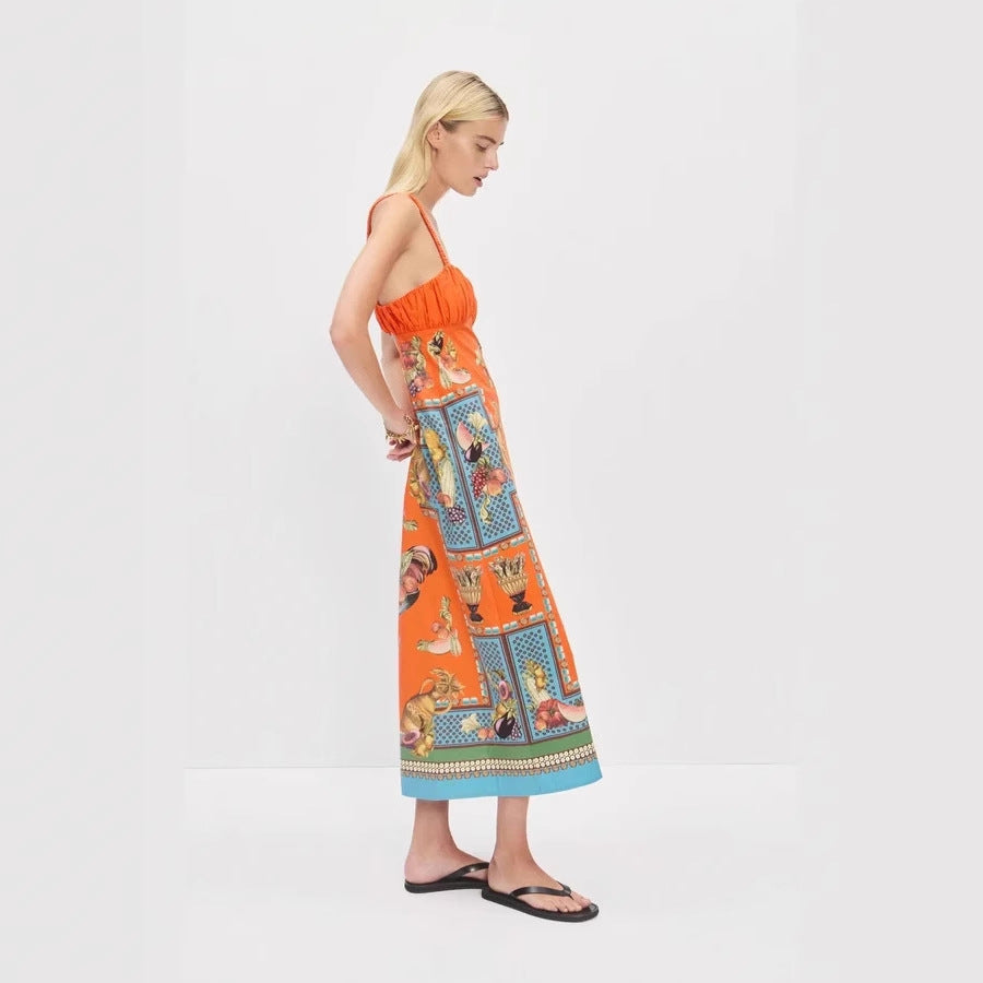 Robe longue lin imprimé, taille souple et volants