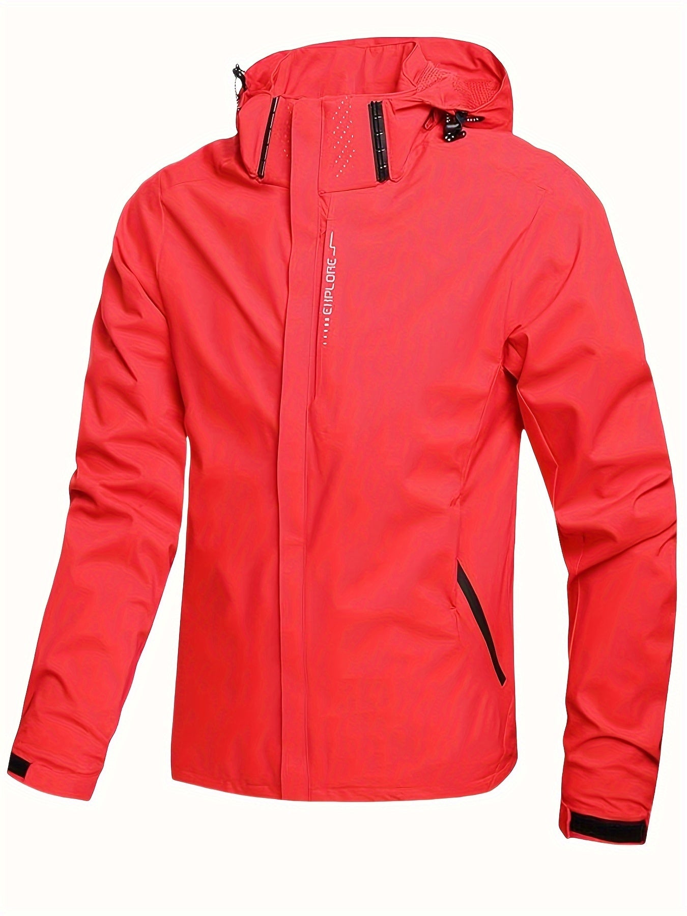 Veste imperméable rouge pour homme avec capuche, fermeture éclair et poches zippées. Idéale pour activités extérieures et temps pluvieux.