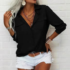 Long-sleeved V-neck chiffon blouse