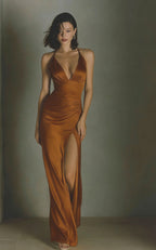 Robe longue satinée élégante — Ceinture noeuds et fente