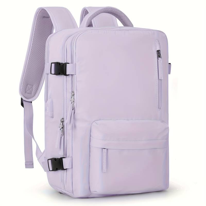 Sac à dos violet clair moderne avec poches multiples, fermetures éclair robustes et bretelles rembourrées, idéal pour école ou voyage.