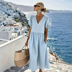 Robe fluide asymétrique en coton-lin bleu clair