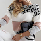 Striped sweater with leopard print and color blocks
