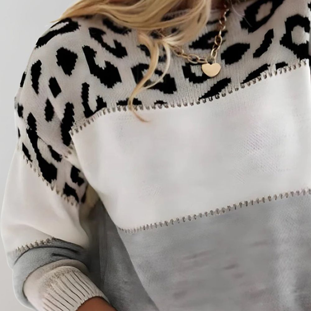 Striped sweater with leopard print and color blocks
