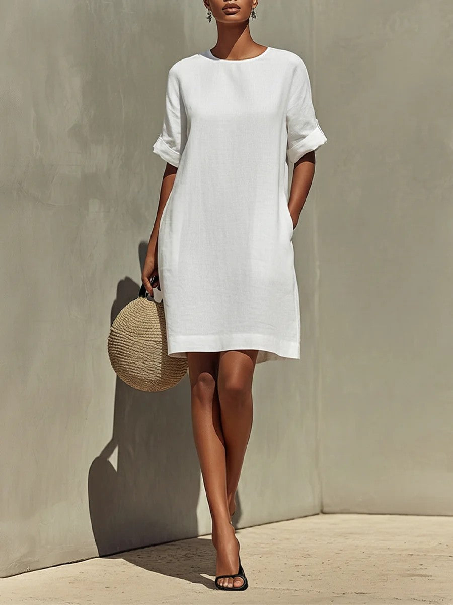 Robe col rond à manches retroussées