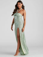 Robe longue pailletée col halter bleu émeraude