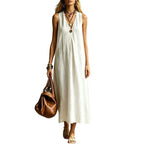 Robe lin-coton col V, ceinture, sans manches