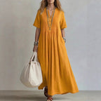 Robe lin coton longueur maxi, col V et fronces