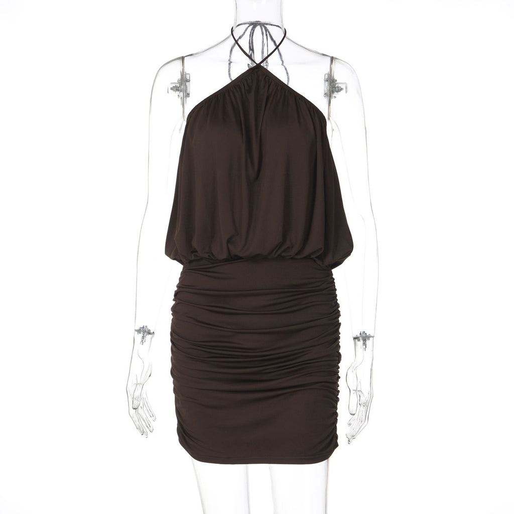 Robe dos nu à nœud au cou - Effet plissé