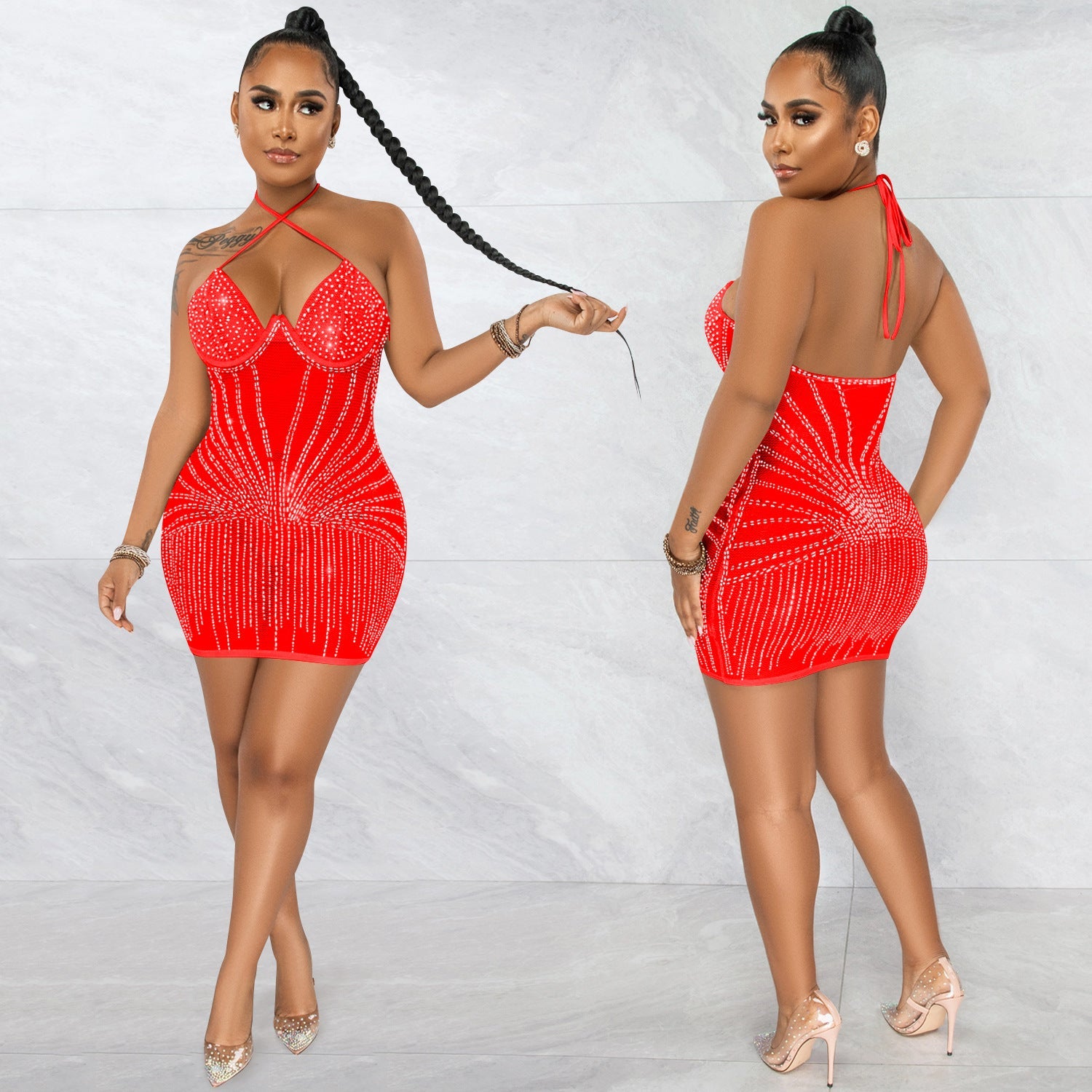 Robe courte dos nu en résille strass