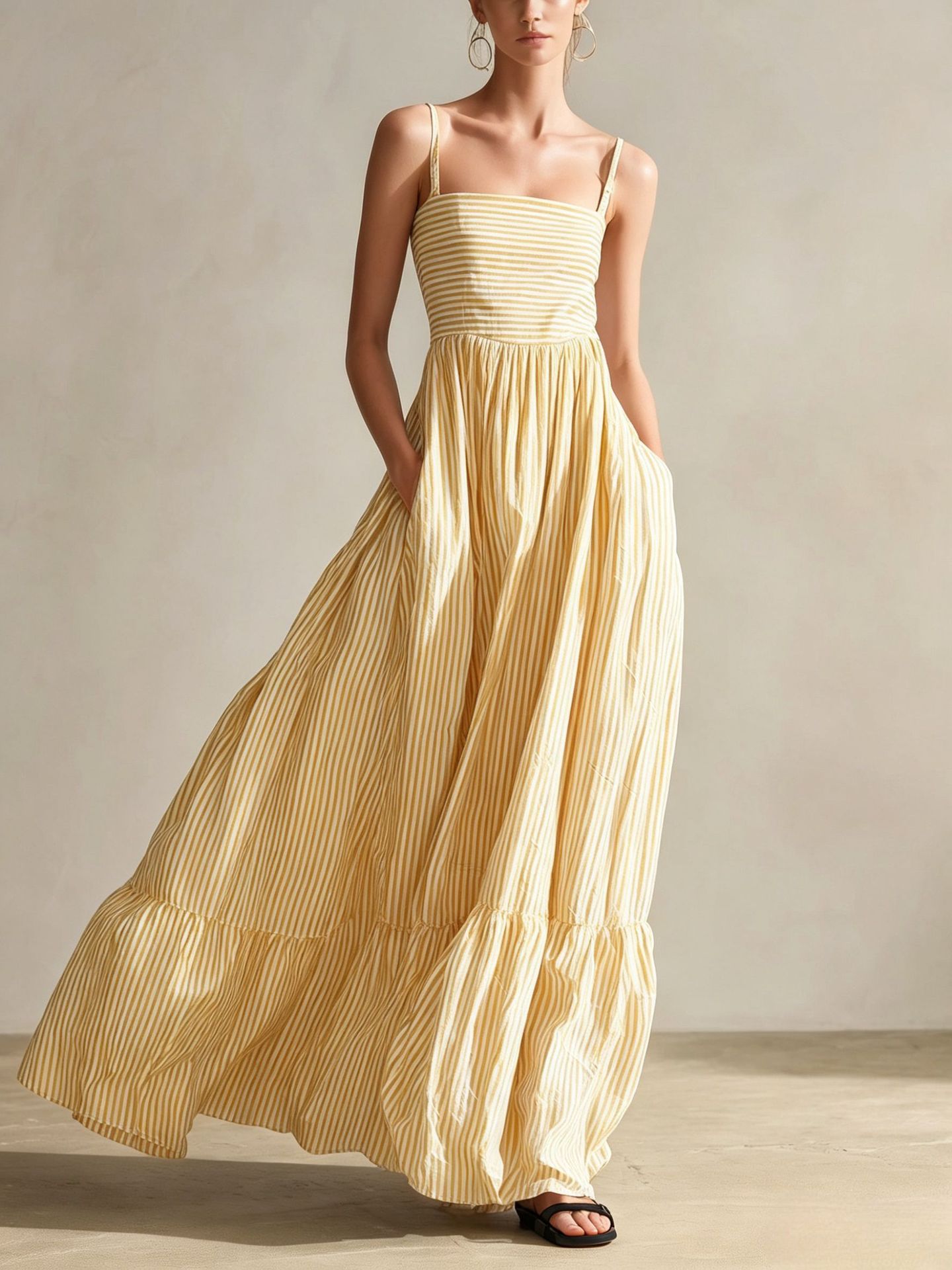 Robe longue rayée à fines bretelles