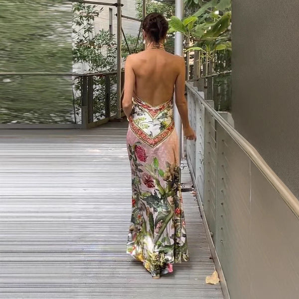 Robe Imprimée Fleuri col Halter — Longueur Maxi