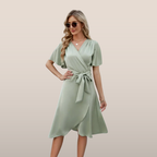 Elegant Autumn Dress for Women - Midi dress with V-neck and tie waist