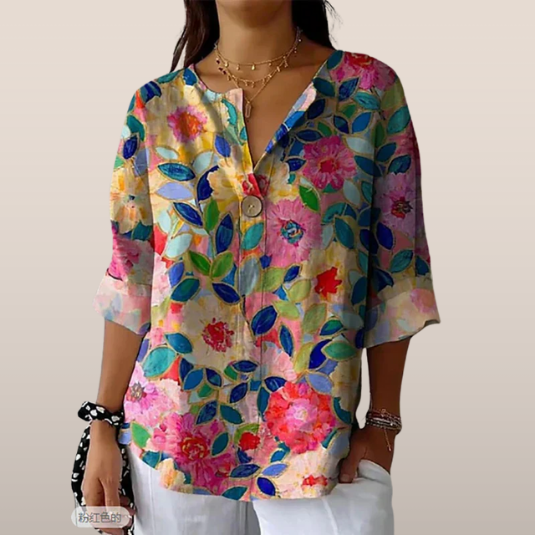 Chemisier féminin à imprimé floral automnal - Coupe ample et encolure en V avec bouton