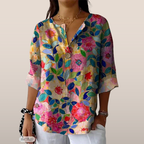 Chemisier féminin à imprimé floral automnal - Coupe ample et encolure en V avec bouton