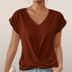 Women's T-shirt - V-neck - Loose fit - Crossover detail - Long sleeves