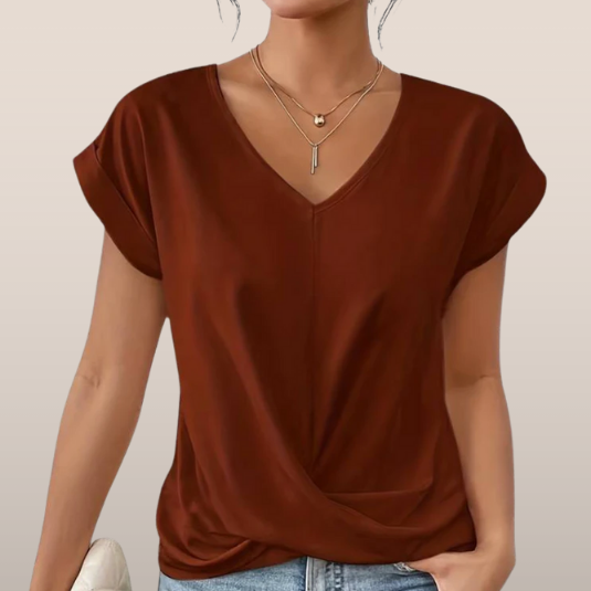 Women's T-shirt - V-neck - Loose fit - Crossover detail - Long sleeves