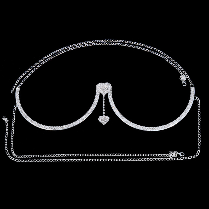 Chaîne de corps support de poitrine double pendentif cœur strass sexy