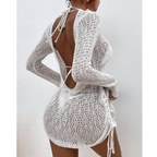 Robe de plage de couleur unie en tricot creux et dos nu sexy découpée