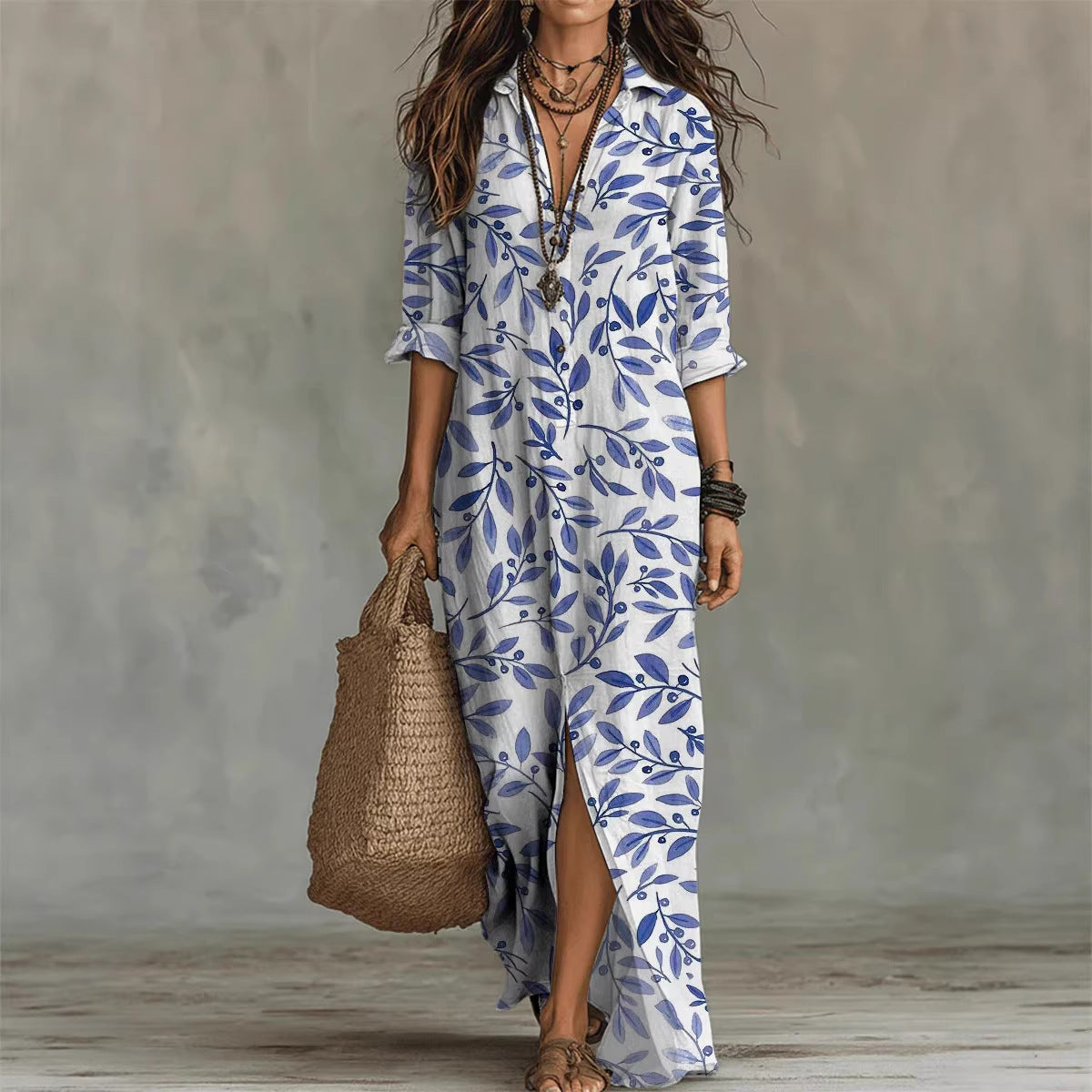Printed shirt dress with shirt collar, relaxed fit
