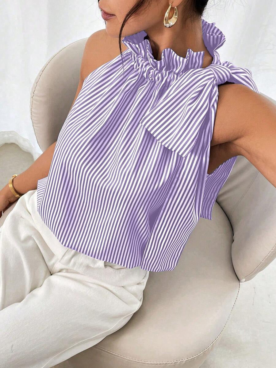 Haut à col roulé sans manches en dentelle rayée - Chic&Shines