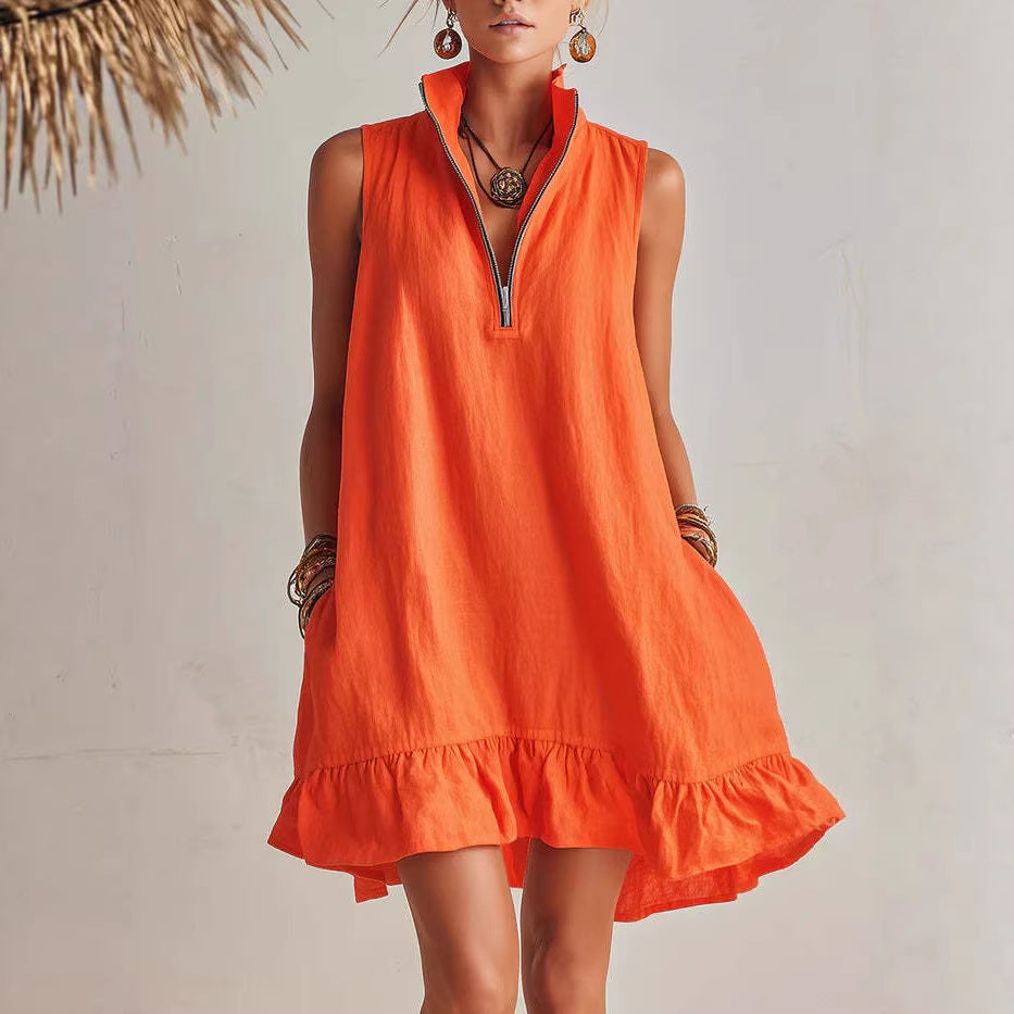 Robe trapèze sans manches à col demi-zip et volant