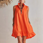 Robe trapèze sans manches à col demi-zip et volant