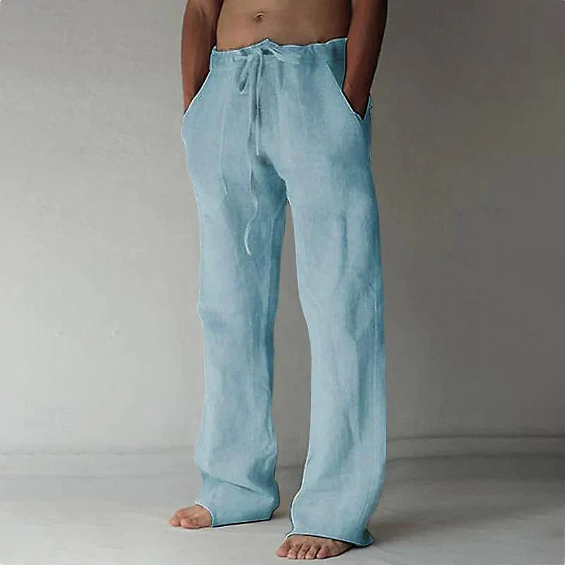 Pantalon ample en lin bleu clair pour homme, style décontracté, avec cordon de serrage, poches latérales, idéal pour l'été et les tenues décontractées.