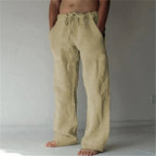 Pantalon en lin beige pour homme, coupe ample, avec cordon de serrage, style décontracté, idéal pour l'été et les tenues décontractées.