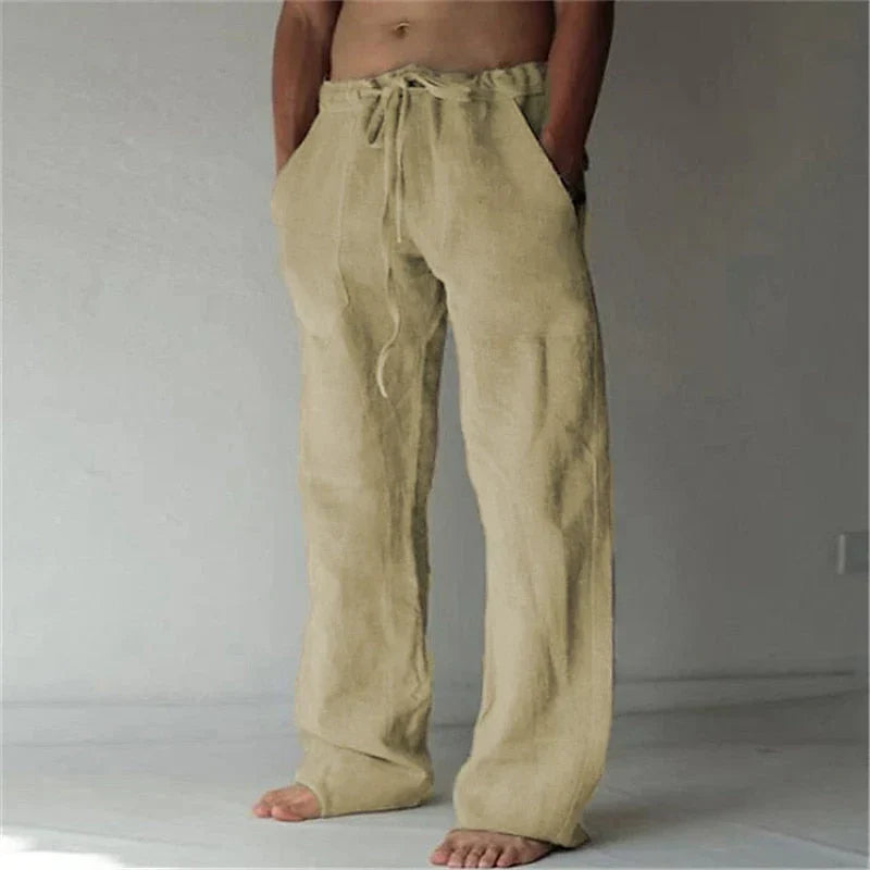 Pantalon en lin beige pour homme, coupe ample, avec cordon de serrage, style décontracté, idéal pour l'été et les tenues décontractées.
