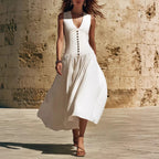 Asymmetrical V-neck long dress, linen and cotton