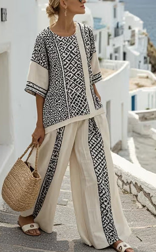 Ensemble rayé coton-lin — Top et pantalon casual