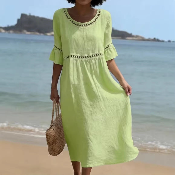 Robe élégante lin-coton, col rond, manches trois-quarts