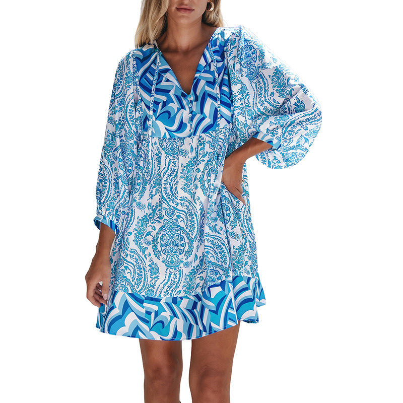 Robe courte imprimée multi-poches décontractée
