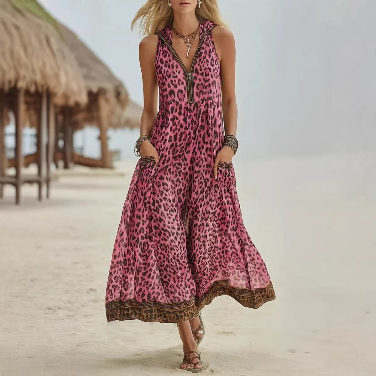 Robe midi sans manches imprimé léopard