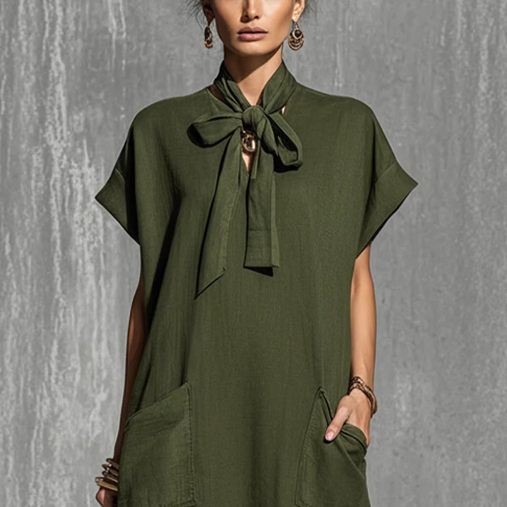 Robe longue vert militaire lin-coton à ceinture