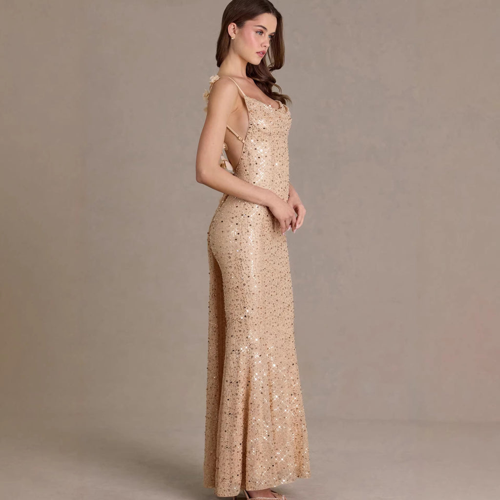 Robe longue dos nu perlée et paillettes