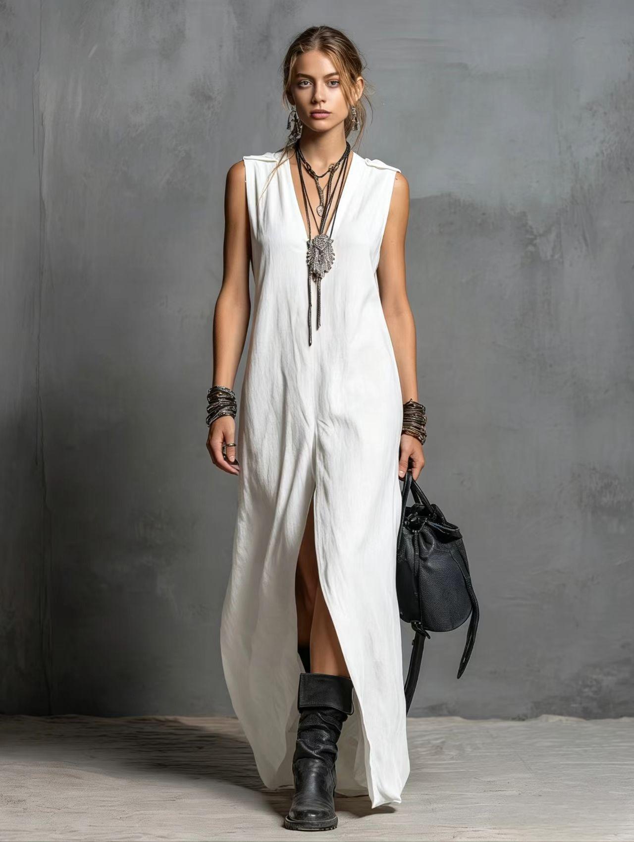 Robe longue fendue à encolure V, coupe ample