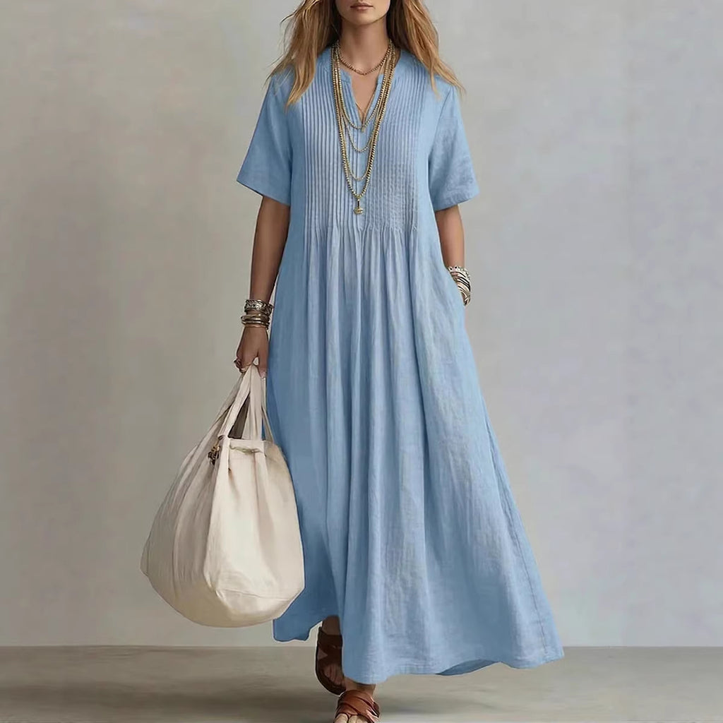 Robe lin coton longueur maxi, col V et fronces