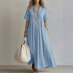 Robe lin coton longueur maxi, col V et fronces