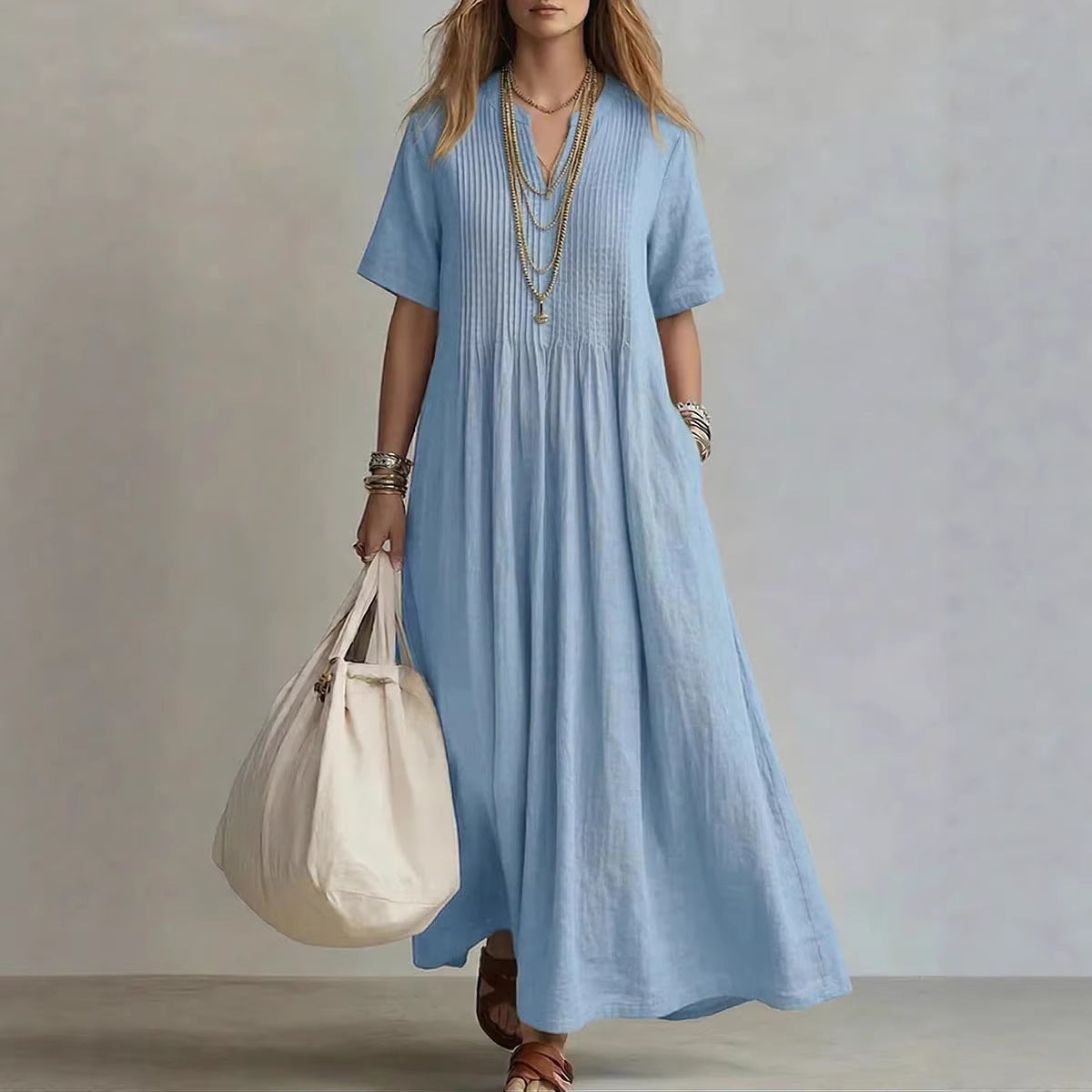 Robe lin coton longueur maxi, col V et fronces