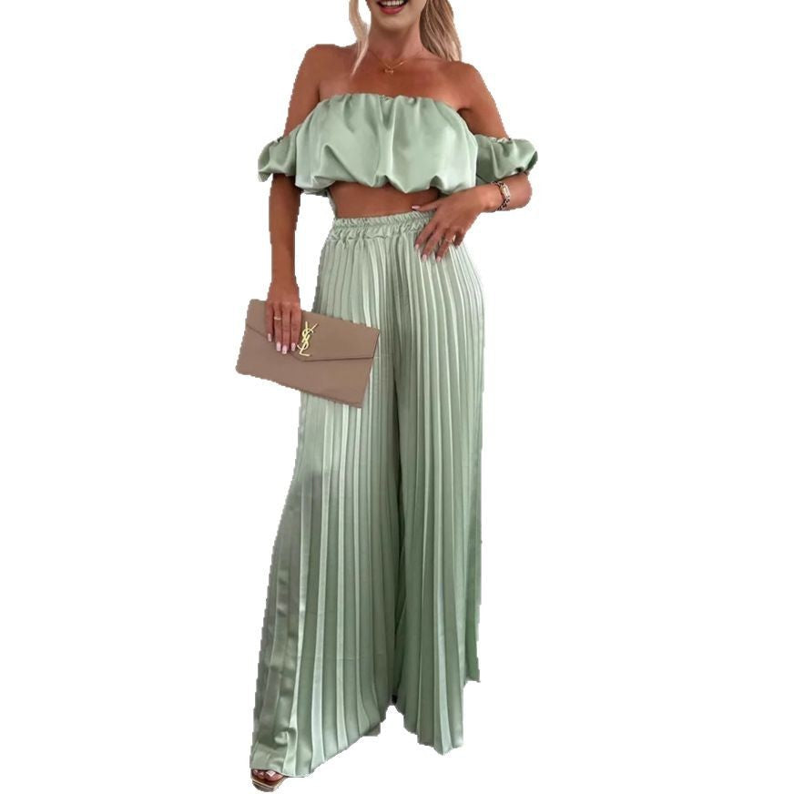 Satin tube top and wide-leg pants set