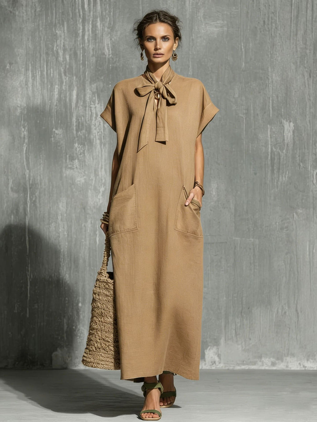 Robe longue vert militaire lin-coton à ceinture