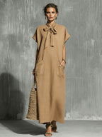 Robe longue vert militaire lin-coton à ceinture