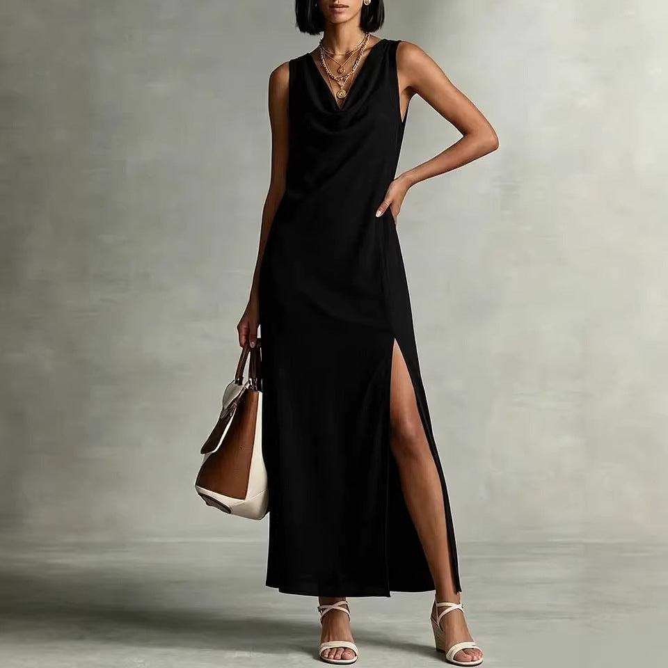 Robe fluide col drapé fendu lin polyester