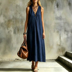 Robe lin-coton col V, ceinture, sans manches