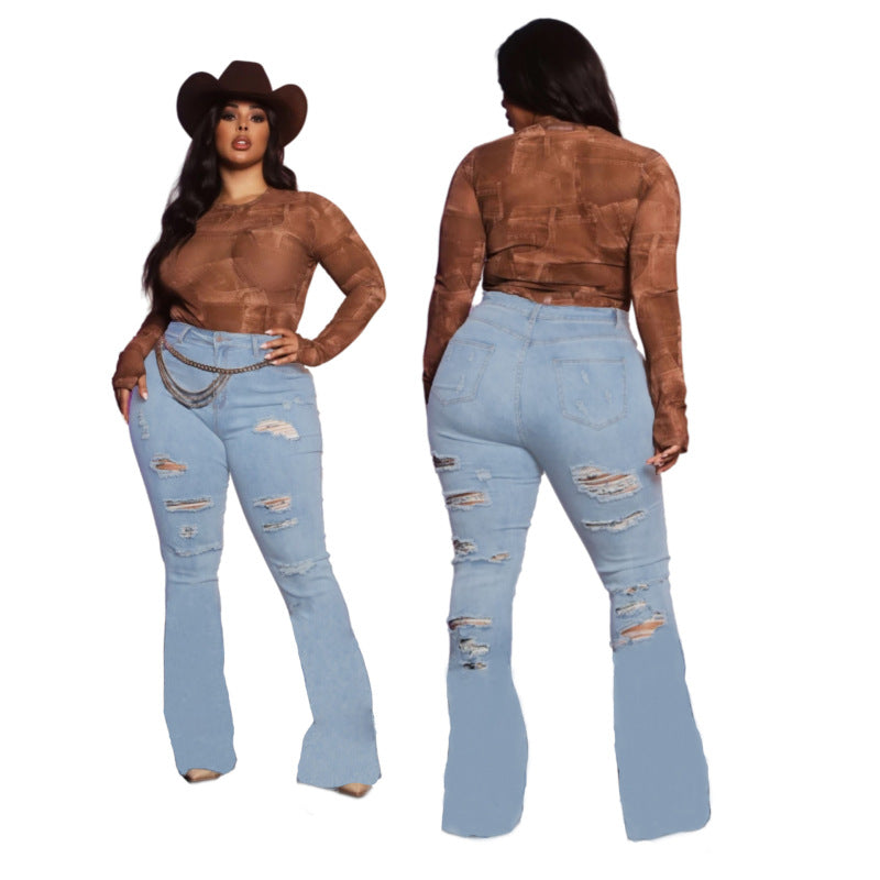 Stretchy distressed micro flare jeans